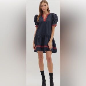 Navy Blue Puff Sleeve Dress with Red Accents